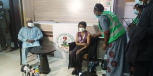 Prof Mojisola Adeyeye receiving the jab