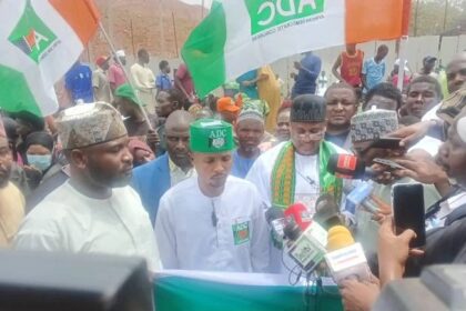 Nafiu Bala-led ADC faction protesting at the headquarters of the Independent National Electoral Commission on Thursday.